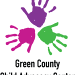 Green County Child Advocacy Logo featuring three colorful hand prints